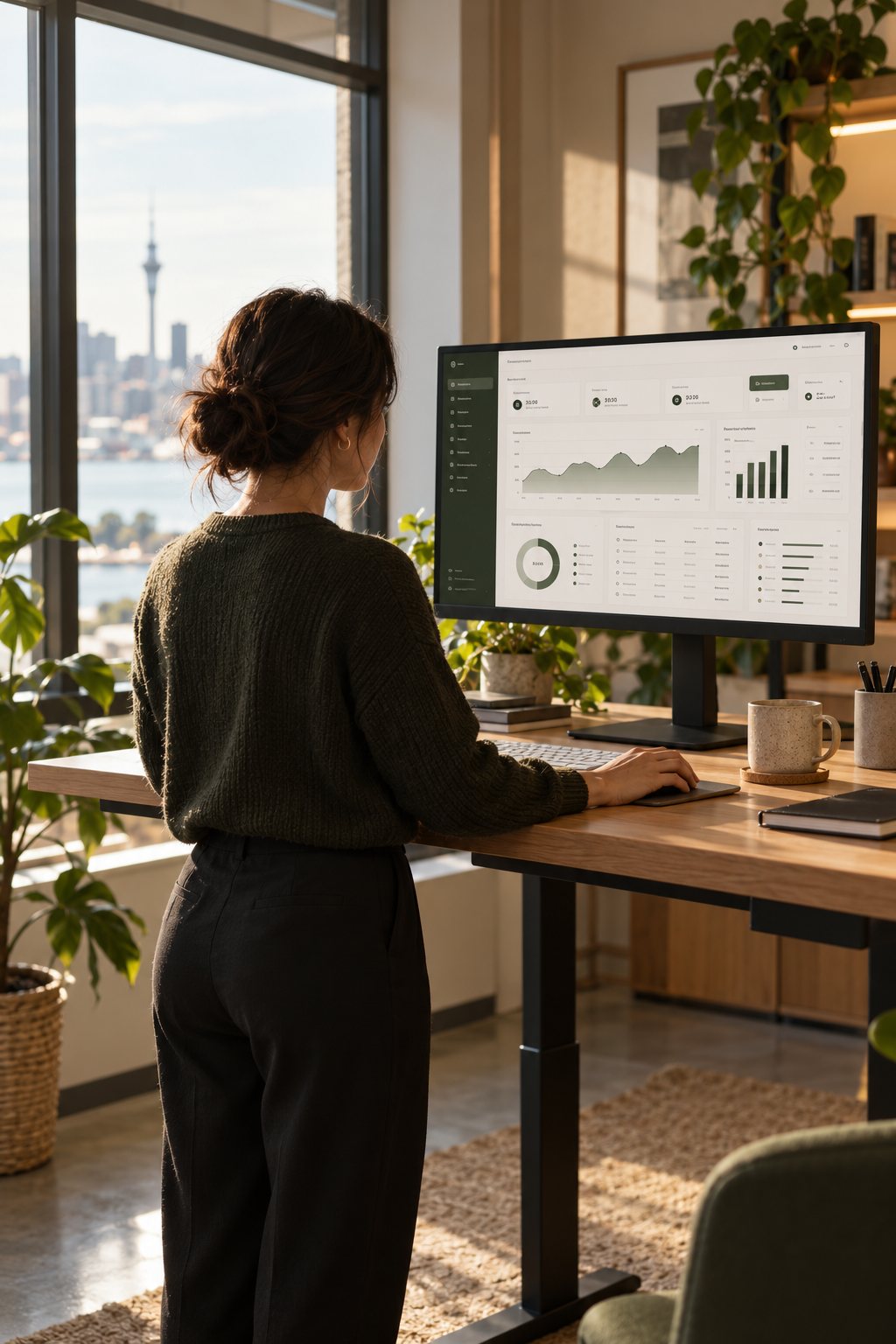 Working on a business dashboard at a standing desk