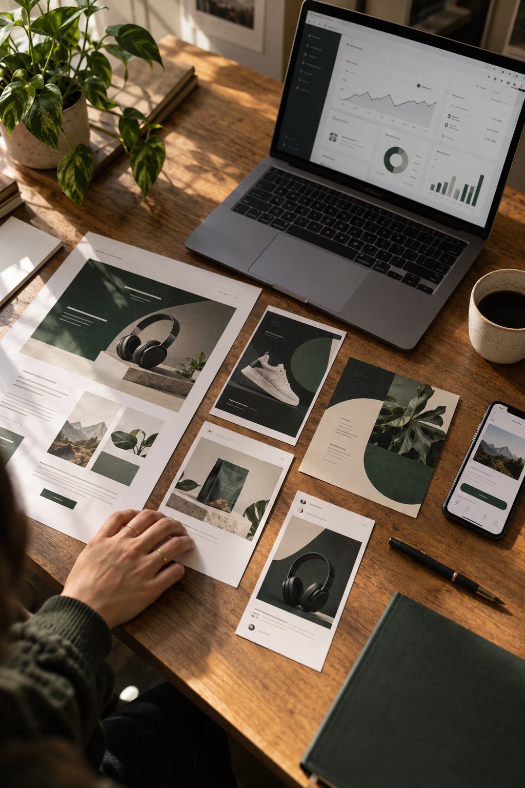 Printed email newsletter and social ad designs beside a laptop dashboard and phone app