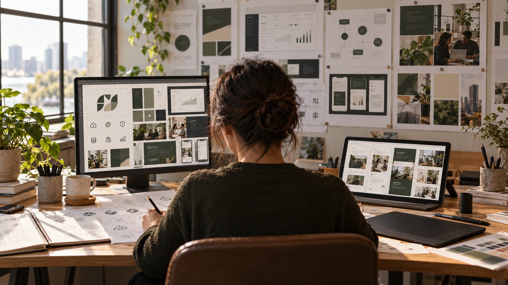 A designer working on brand graphics and layouts at her desk